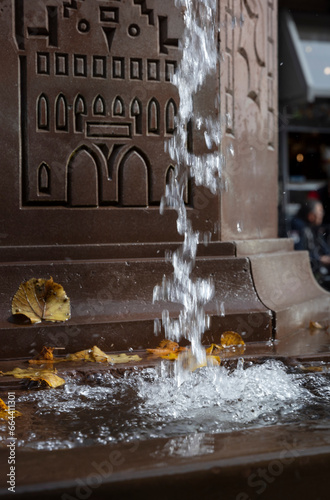 Water falling at fountain in Montabaur. Monument of Beethoven visiting Montabaur Germany. Rhineland Palatinate