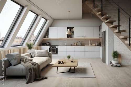 Scandinavian Studio  Minimalist Living Room with Integrated Kitchen. Generative ai