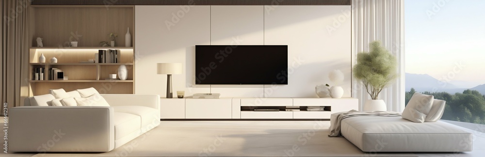 Panoramic Modern Living Room: White Sofa and TV Unit in Spacious Setting. Generative ai Panoramic Modern Living Room: White Sofa and TV Unit in Spacious Setting. Generative ai