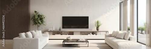 Panoramic Modern Living Room  White Sofa and TV Unit in Spacious Setting. Generative ai