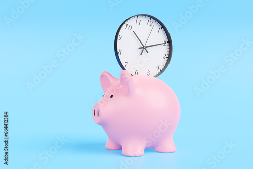 Clock being put into a pink piggy bank on blue background. Illustration of the concept of investing time in something meaningful and better use of time