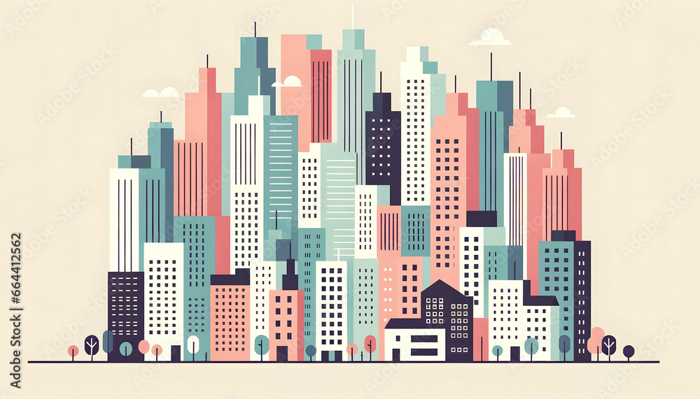 Skyscraper cityscape with flat simple style. Generative AI.