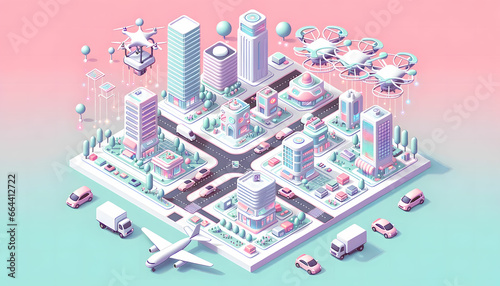 Smart cityscape with buildings and technology in isometric style. Future lifestyle idea. Generative AI. photo