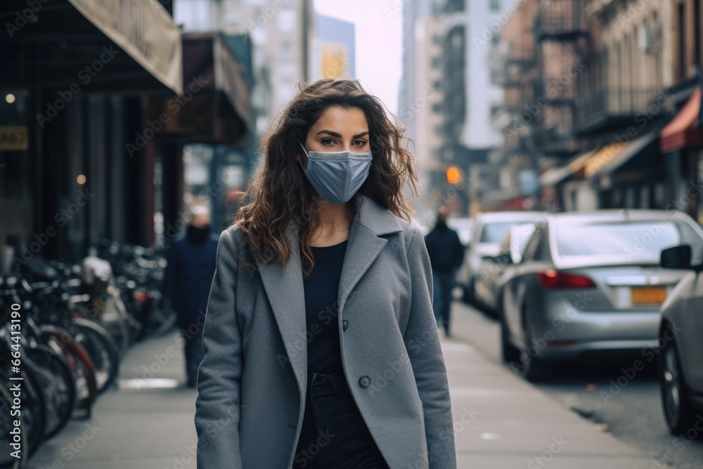 Fototapeta premium portrait of business woman in protective mask and coat outdoors in urban city during coronavirus pandemic