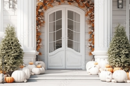 Beautiful home details - door with autumn decoration with pumpkins, wheat and flowers. Halloween and autumn arrangements on house entrance and exterior.