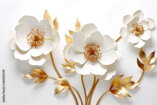 3d gold flowers white backgroung.