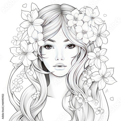 A girl on a coloring book page with Jasmine flowers.