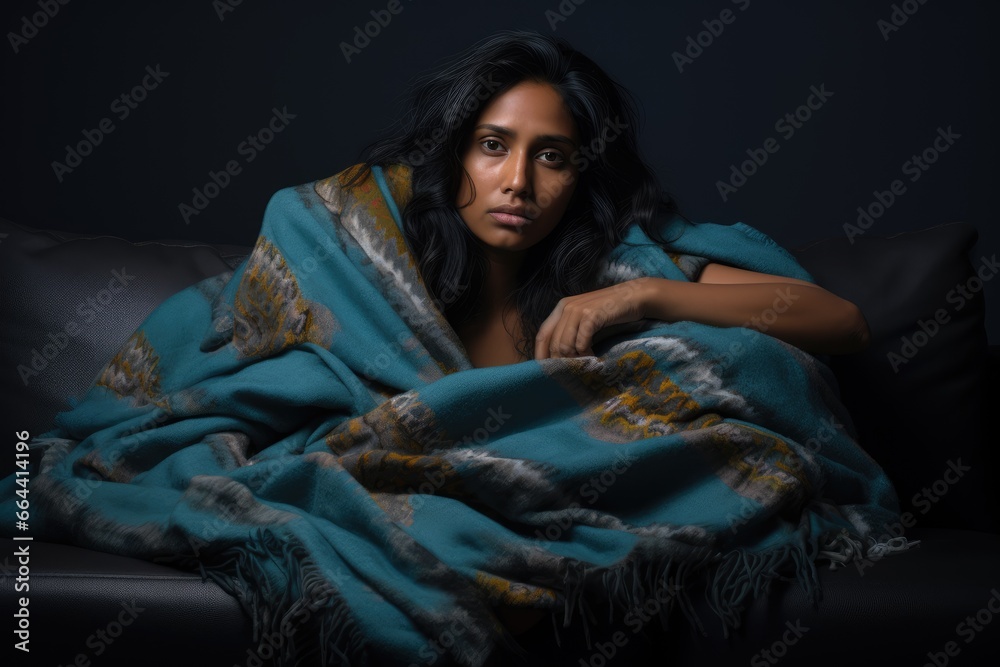 sick indian woman wrapped in blanket, having cold or flu disease, fever symptom sick indian woman wrapped in blanket, having cold or flu disease, fever symptom