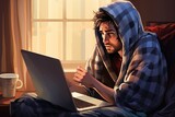 Person with a cold or flu working remotely on laptop while wrapped in a blanket