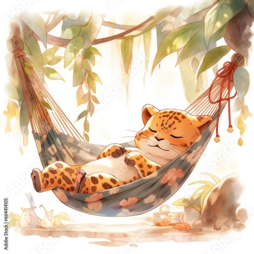 A sleepy baby leopard in a hammock. watercolor illustration.