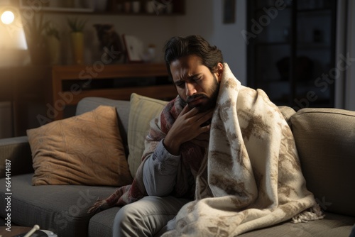 sick indian man sitting on sofa and wrapped in blanket with sore throat symptom, having cold or flu disease photo