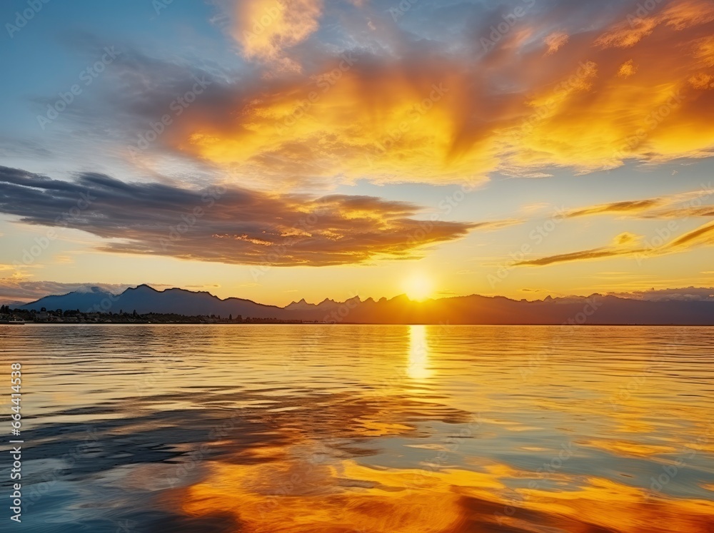 Obraz premium Bright sunset over Lake golden clouds reflect in the water.