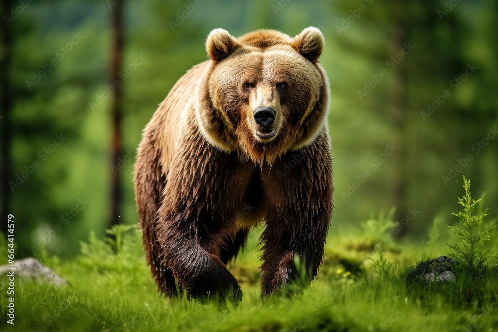 Brown bear moving on the green meadow in springtime nature.