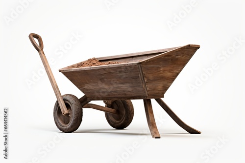 An old wooden wheelbarrow isolated on a white background