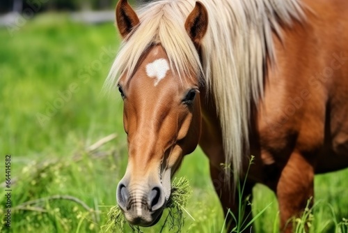 Brown horse with blond hair eats grass on a green meadow detail from the head. © Dibos