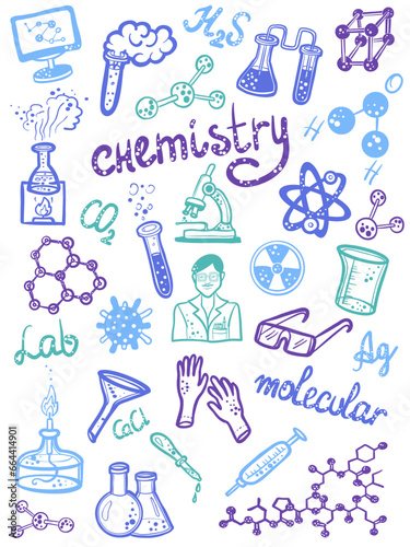 Studying chemistry textbook cover. Sketch doodle background. Vector hand drawn.