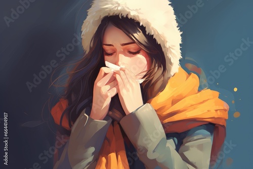 sick young girl sneezing in paper napkin on blue background. cold and flu season