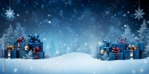 Merry Christmas and new year, gift boxes bokeh background. Christmas gifts background. © Dibos