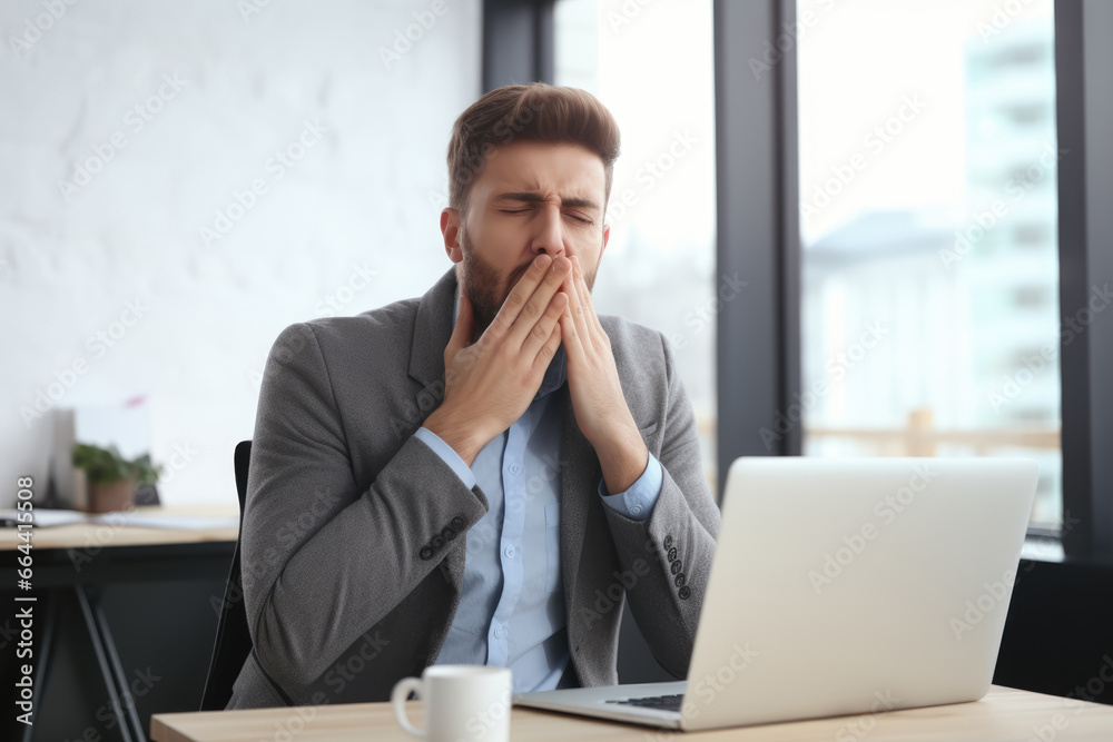 man yawns from fatigue while working on a laptop in the office. overworking concept man yawns from fatigue while working on a laptop in the office. overworking concept