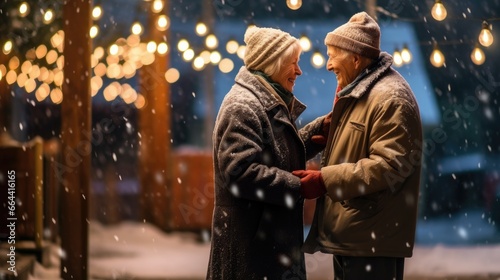 An elderly couple sharing a dance on a snow-covered 