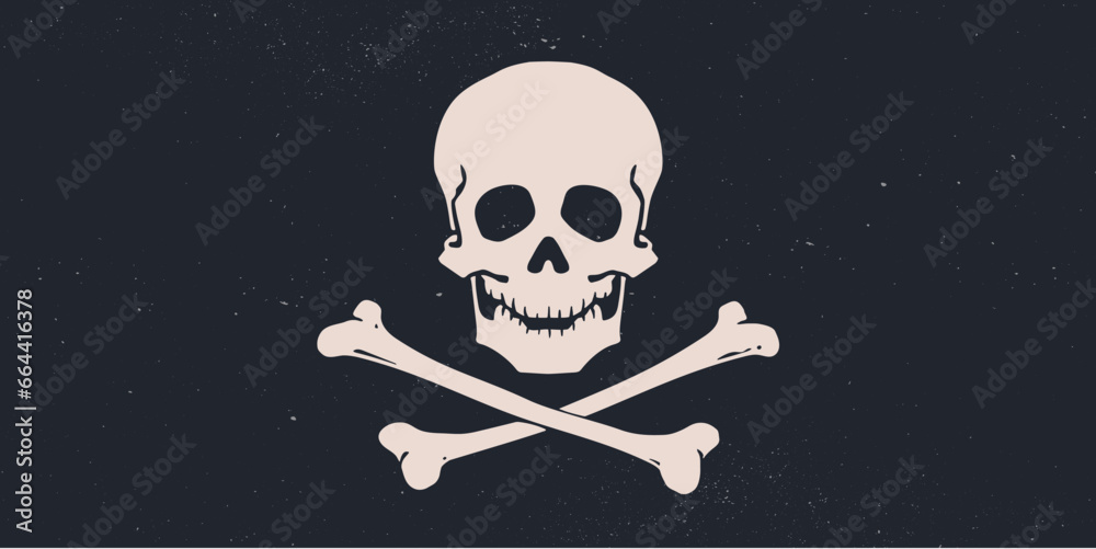 Death Skull Crossbones. Retro hand drawn white skull with cross bones on black pirate flag. Vintage poster with black skull skeleton on dark background for celebration Halloween. Vector Illustration - obrazy, fototapety, plakaty 