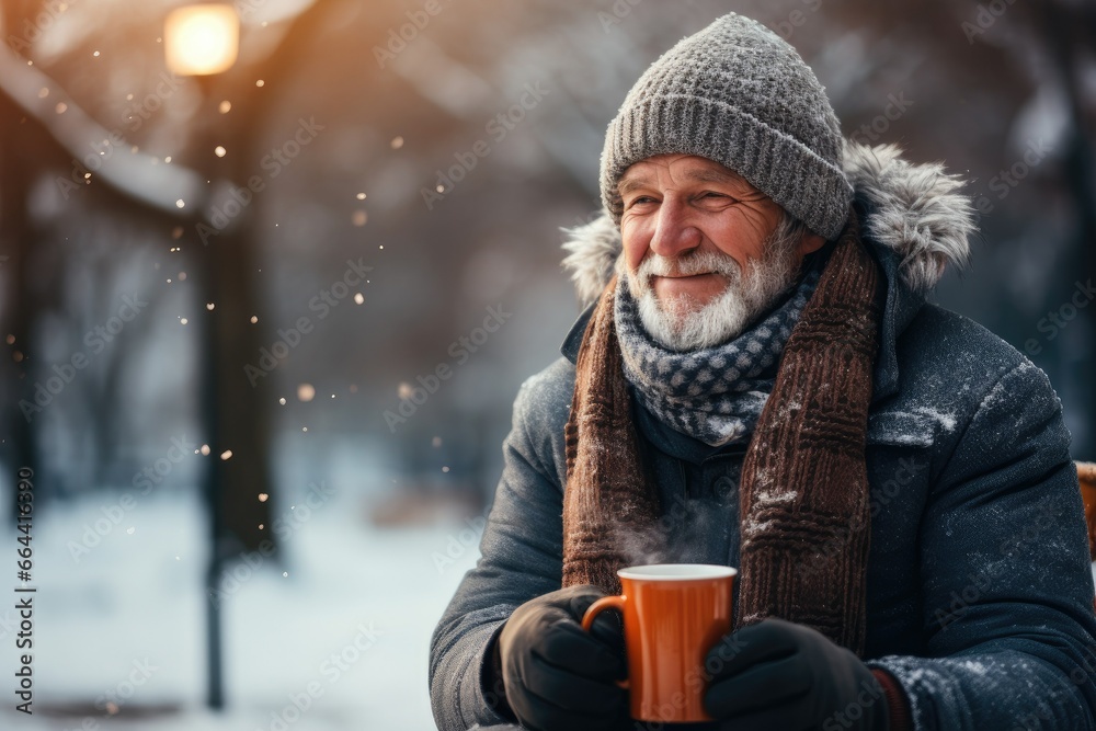 An elderly man in a cozy sweater and scarf sipping An elderly man in a cozy sweater and scarf sipping