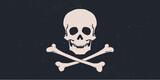 Death Skull Crossbones. Retro hand drawn white skull with cross bones on black pirate flag. Vintage poster with black skull skeleton on dark background for celebration Halloween. Vector Illustration
