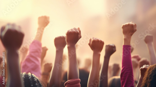 Activists raising their fists in the air as a symbol of empowerment and resistance photo