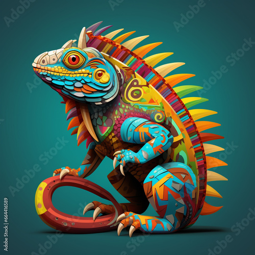 Iguana Tribute: Aztec and Maya-Inspired Illustration in Vibrant Hues © JLabrador
