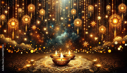 Diwali's Celestial Tapestry. A backdrop shimmering with golden diyas, twinkling stars, and radiant rangoli patterns.