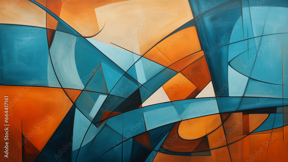 Fototapeta premium A warm abstract painting made up of lines and curves. Orange and blue color.