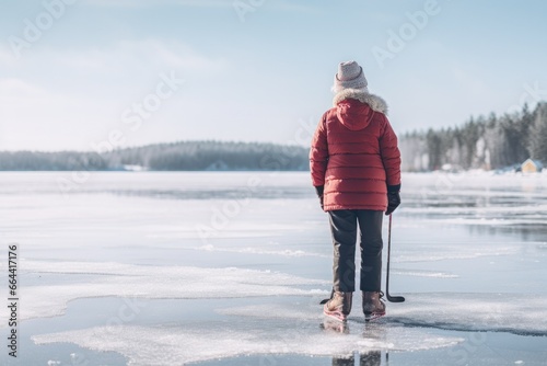 An elderly woman stands at the snowy edge of a frozen lake, her ice skates in hand