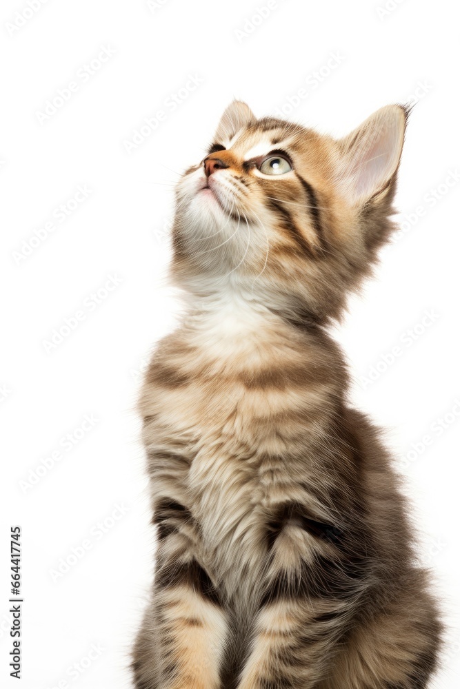 Obraz premium Playful funny kitten looking up isolated on a white background.
