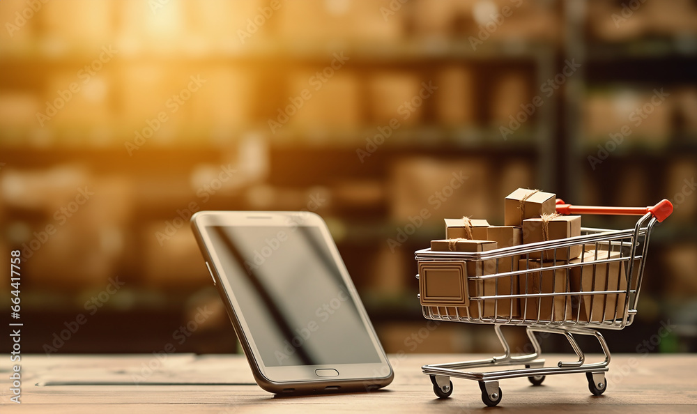 Smart phone with Iron shopping cart for online transportation in your smartphone logistic background concept. Iron shopping cart filled with packages. Ordering online or online business shop. 
