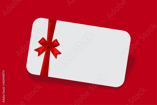 Blank white gift card with red ribbon bow isolated on red background with shadow 3D Illustration.