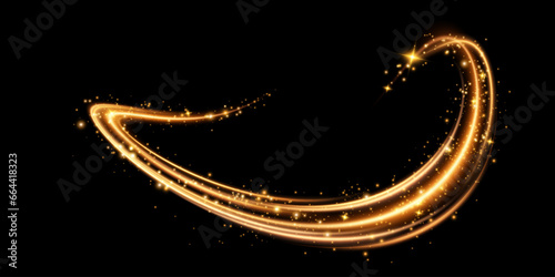 Abstract golden light trail effect, with small dust particles, on a black background. Vector illustration for your design