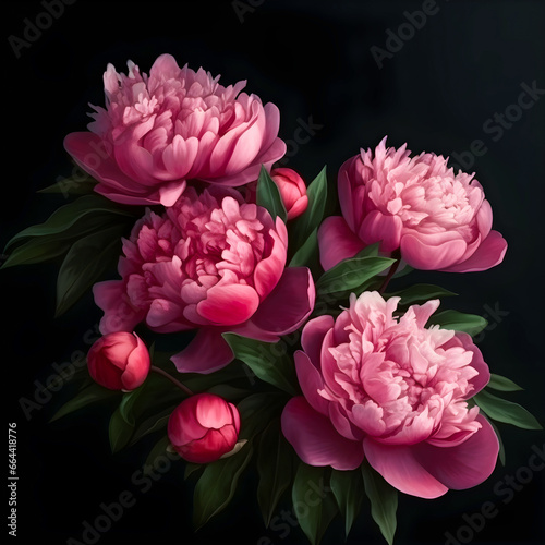 A bouquet of beautiful pink peonies on black background. Generative ai