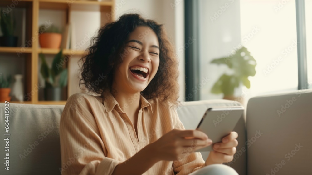 Happy young woman sitting on sofa, smiling lady laughing holding smartphone Happy young woman sitting on sofa, smiling lady laughing holding smartphone