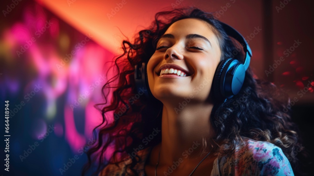 Smiling woman listening to music in studio studio