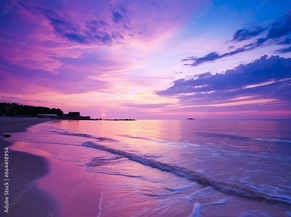 Obraz premium Summer beach with blue water and purple sky at the sunset.