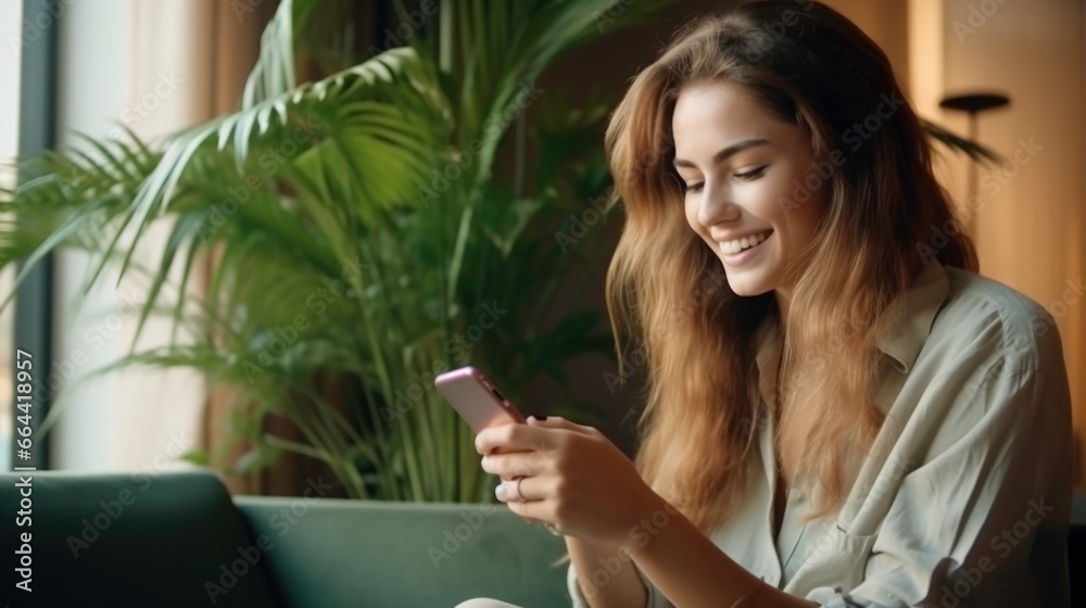 Happy young woman sitting on sofa, smiling lady laughing holding smartphone Happy young woman sitting on sofa, smiling lady laughing holding smartphone