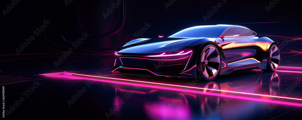 Futuristic banner on dark background, neon electric car, copy space