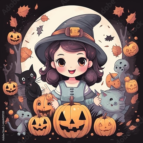 halloween background with witch,pumpkin,generative AI,cute,girl,cat,rat,castle,ornaments