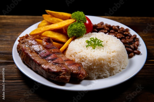 Rice, beans, French fries, and meat. © Dibos
