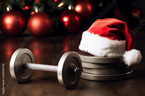 Father Christmas hat on a gym dumbbell weight. New year resolution and healthy lifestyle
