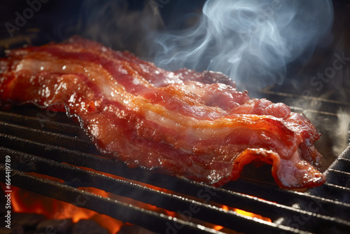 Delicious sizzling bacon on grill