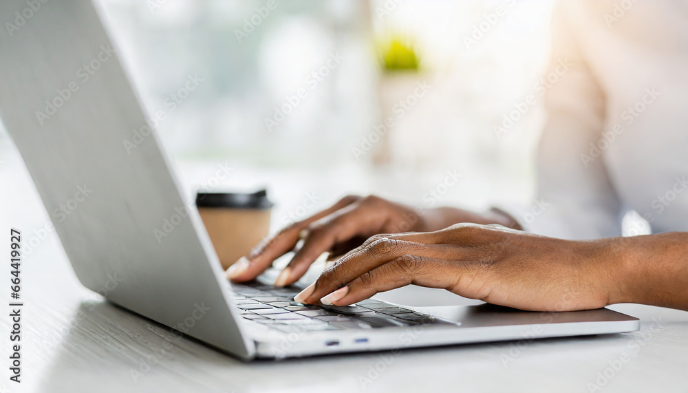 Business woman hands typing on laptop computer keyboard, surfing the internet at the office with copy space for web banner, Woman worker and business concept Business woman hands typing on laptop computer keyboard, surfing the internet at the office with copy space for web banner, Woman worker and business concept