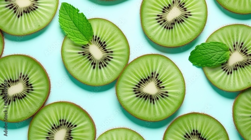 Fototapeta premium Slices of kiwi fruit and green mint leaves on a light pastel blue background.