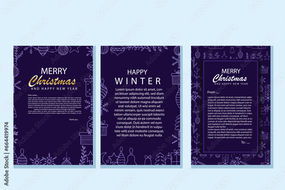 vector set of posters, banners, social media posts merry Christmas and new year purple background with winter ornament design templates