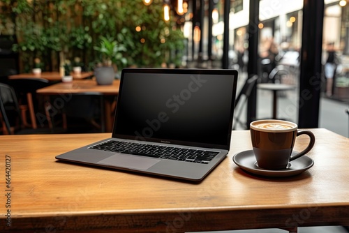 Productive workspace. Modern office desk with laptop and coffee on wooden table. Cafe freelancing. Working on computer in cozy shop. Digital nomads. Creative space